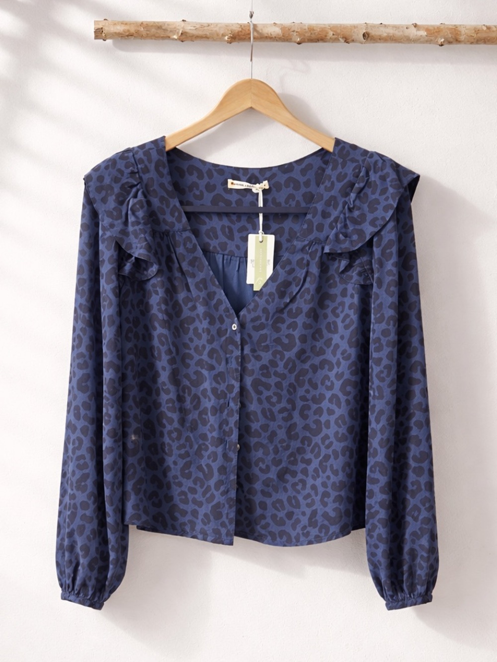 Marine Layer NWT Blue Leopard Print Ruffle Button Blouse Romantic‎ Whimsigoth S